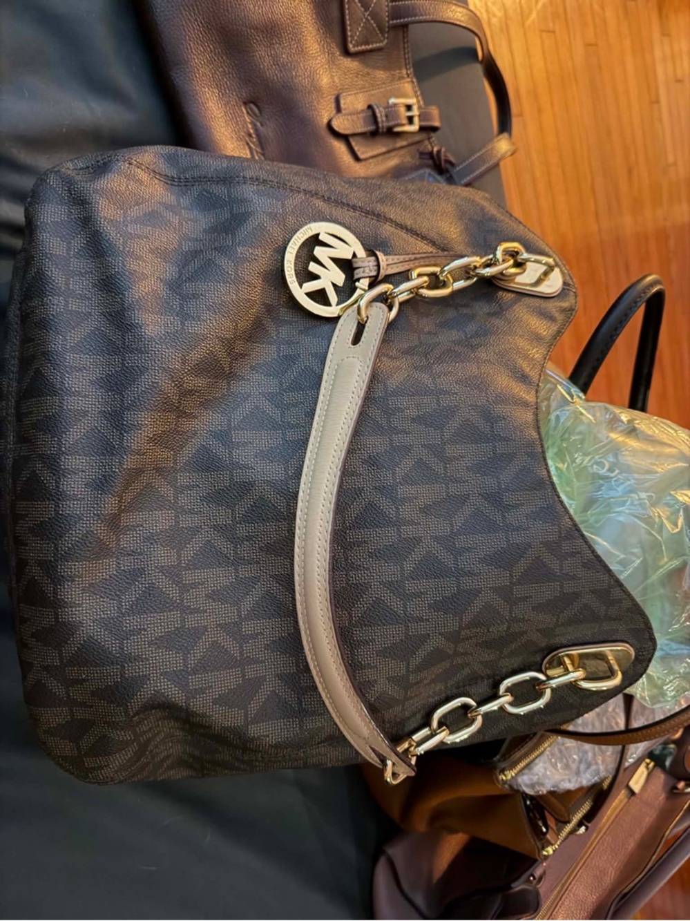 Michael Kors Brown Logo Hobo with Gold Chain Accent